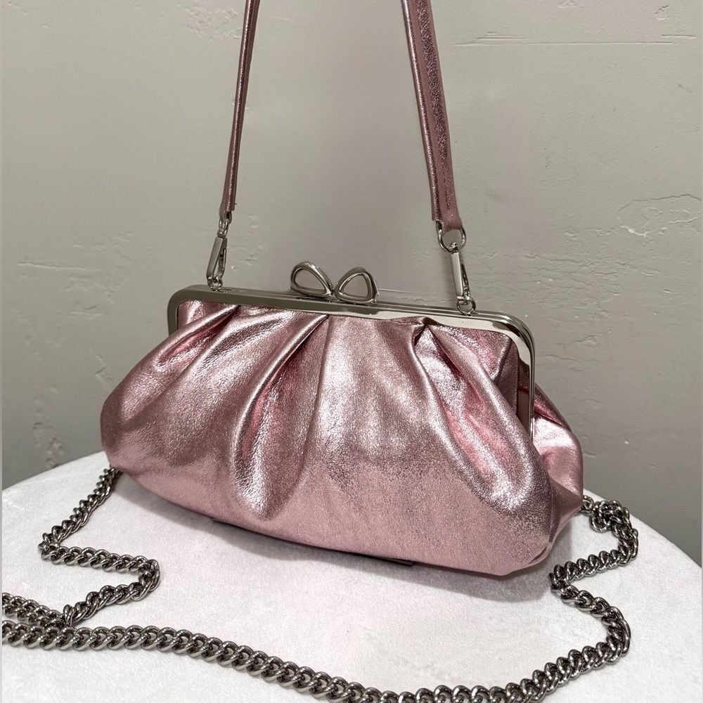 Pearlescent Pink Lambskin Handmade “Bow” Shaped Kisslock Slouchy Bag, Multi Use